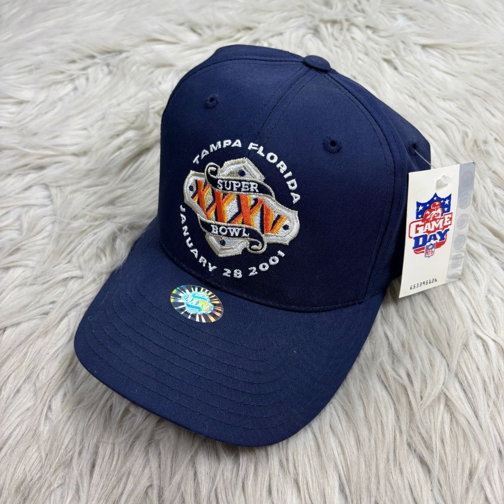 NWT Vintage 2001 Super Bowl Baseball Snapback Hat Cap Tampa Navy Annco‎